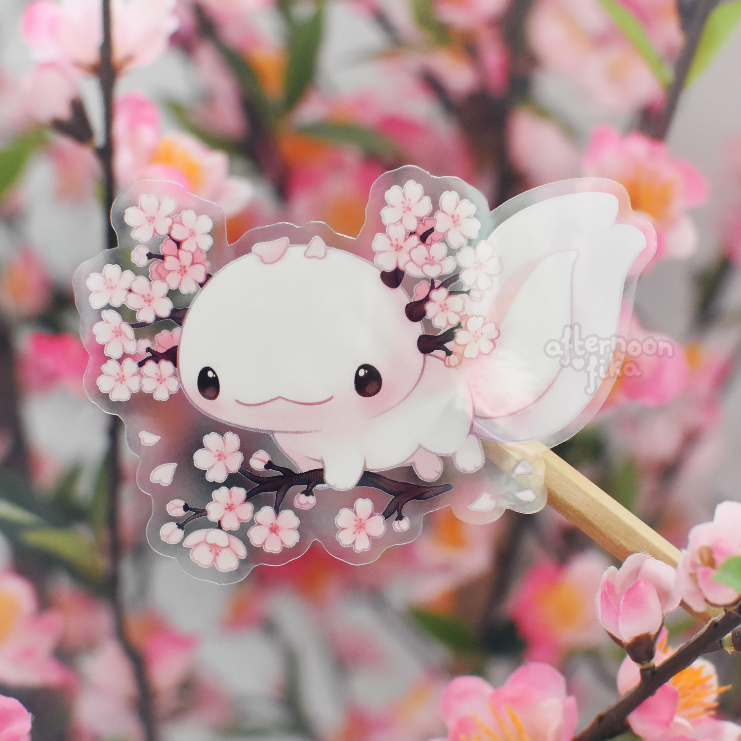 Cherry Blossom Axolotl Clear Sticker